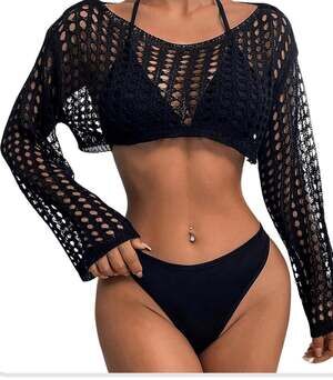 Women's Hollow Out Crochet Beach Cover Up  Long Sleeve Crop Beach top